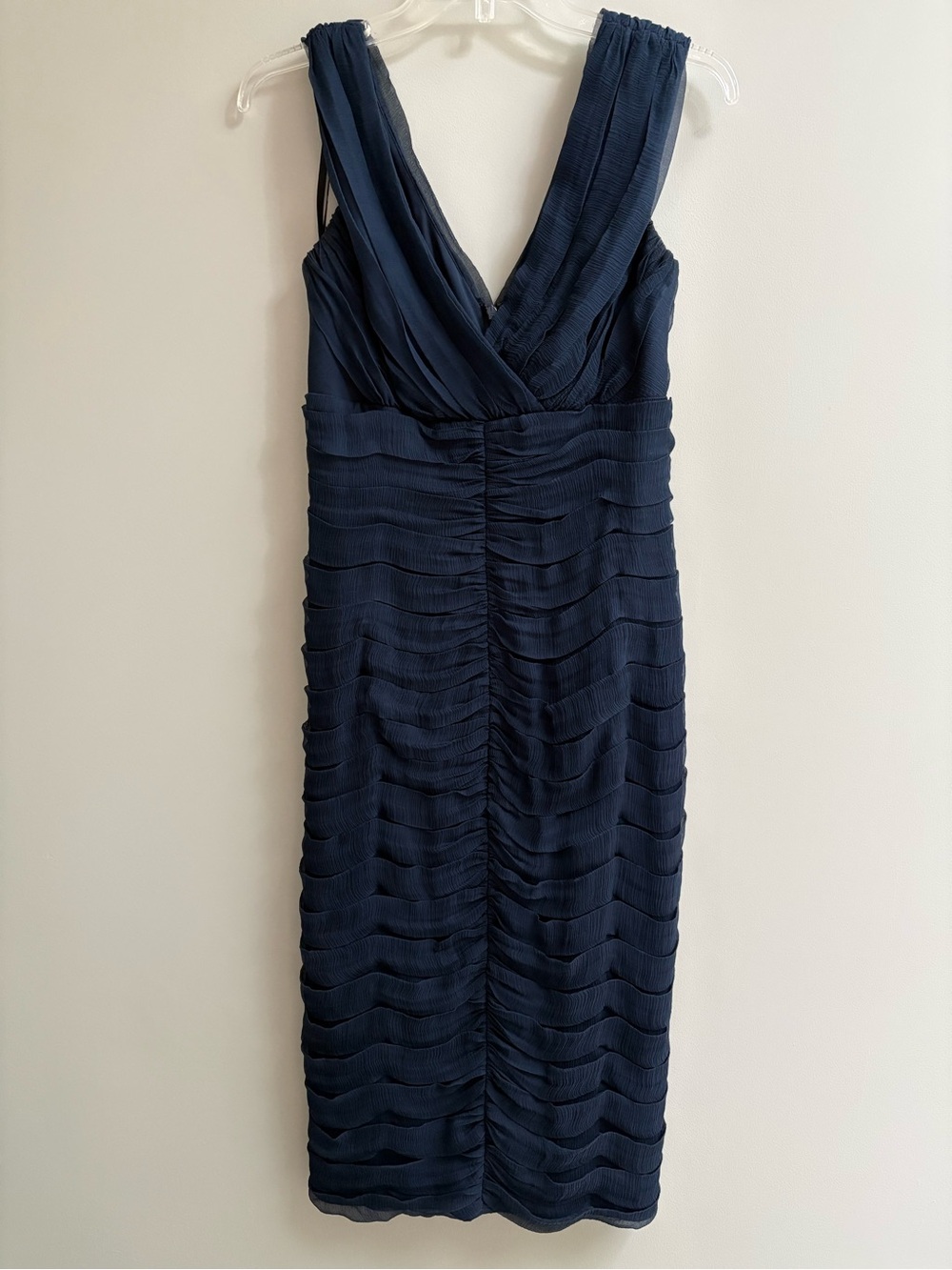 Sleeveless Navy Silk Ruched V-Neck Women's Dress